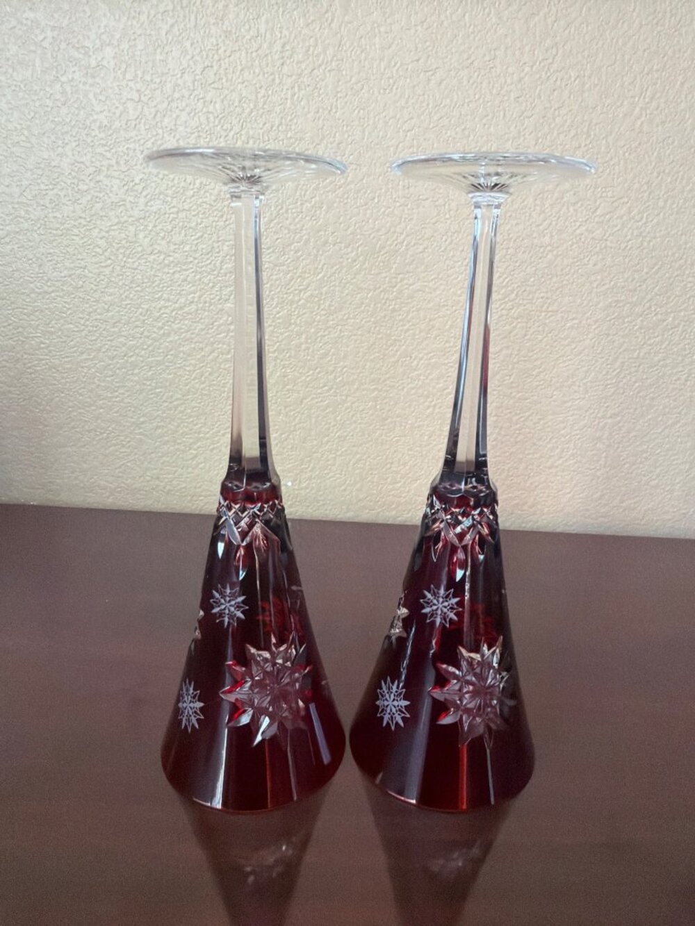 Waterford Snowflake Wishes Joy 2011 Ruby Champagne Flutes Pair Signed O'Keeffe - Picture 10 of 13